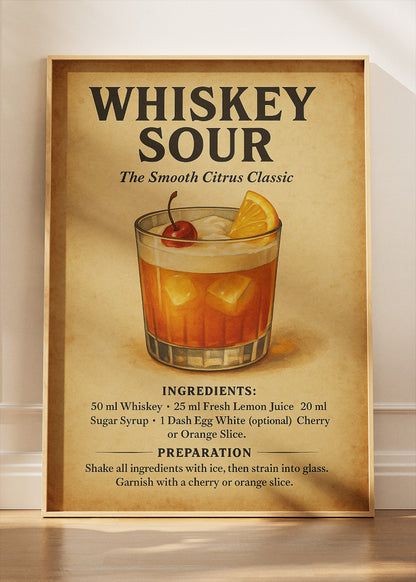 Whiskey Sour Cocktail Poster & Canvas Print – Classic Vintage Bar Wall Art – AI PRINT LAB