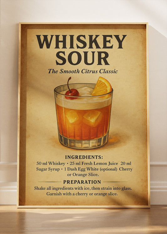 Whiskey Sour Cocktail Poster & Canvas Print – Classic Vintage Bar Wall Art – AI PRINT LAB