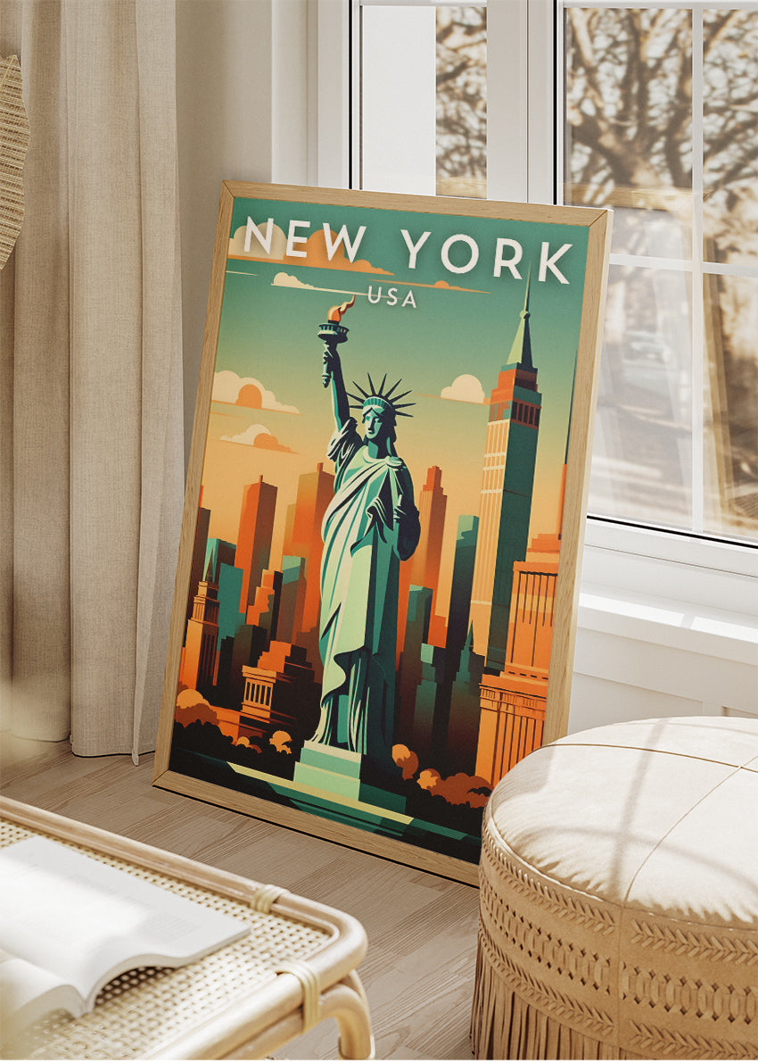 New York USA Poster & Canvas Print – Statue of Liberty & Skyline Illustration