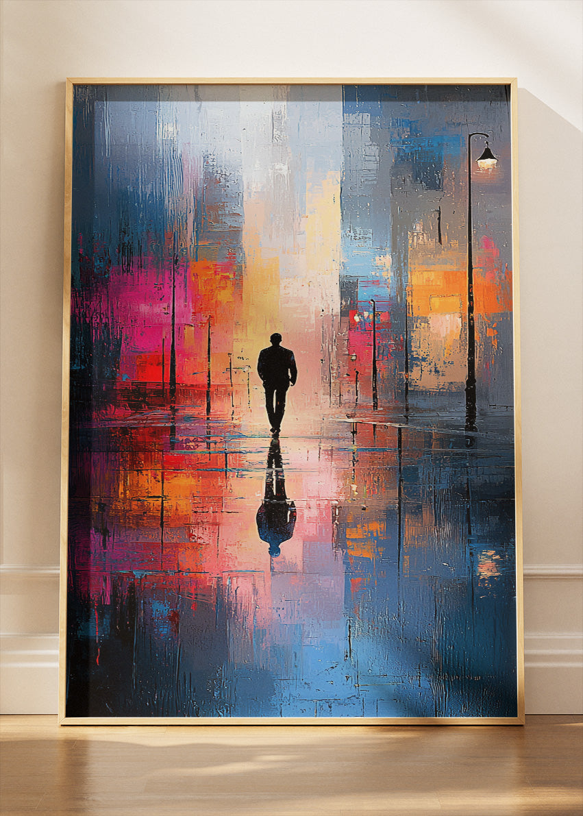 Neon Reflections in the Rain – Modern City Silhouette Wall Art – AI PRINT LAB