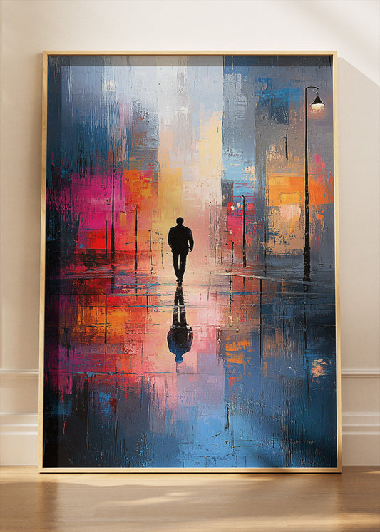 Neon Reflections in the Rain – Modern City Silhouette Wall Art – AI PRINT LAB