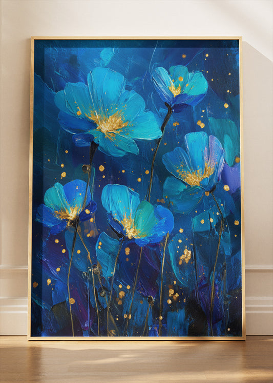 Midnight Blue Floral Wall Art – Gold Accent Blossom Canvas Print | Elegant Modern Portrait Poster