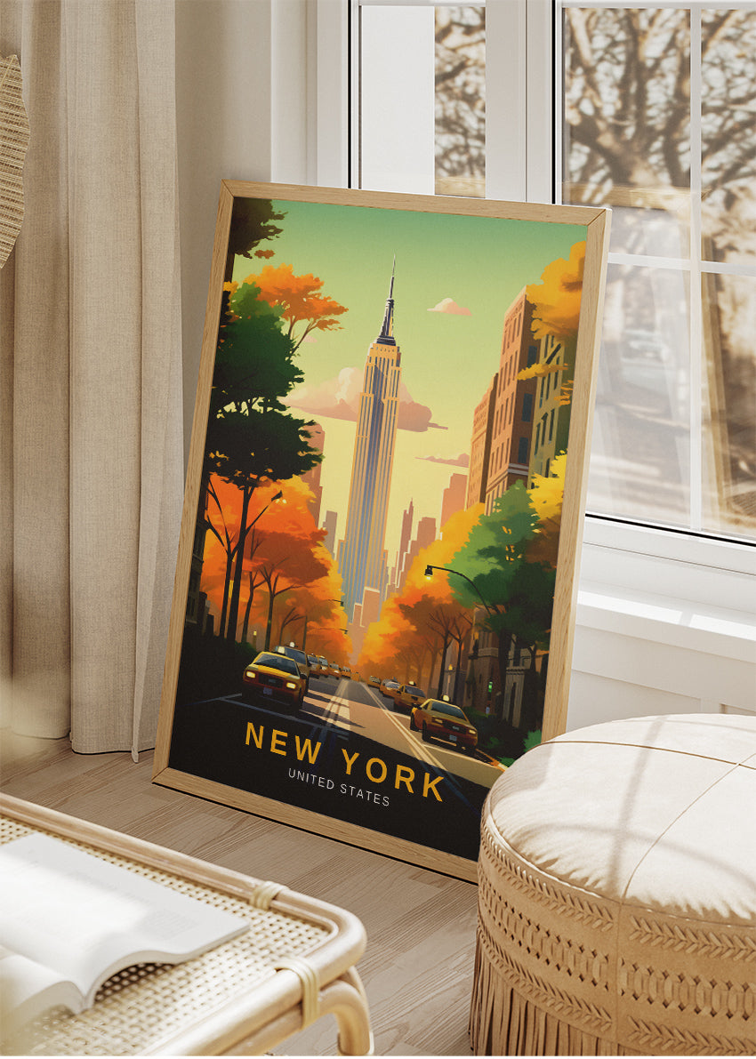 New York United States Poster & Canvas Print – Empire State Building Autumn Avenue Illustration