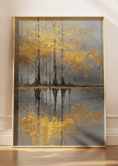 Golden Tree Reflection Wall Art – Grey & Gold Lake Canvas Print | Elegant Autumn Portrait Poster