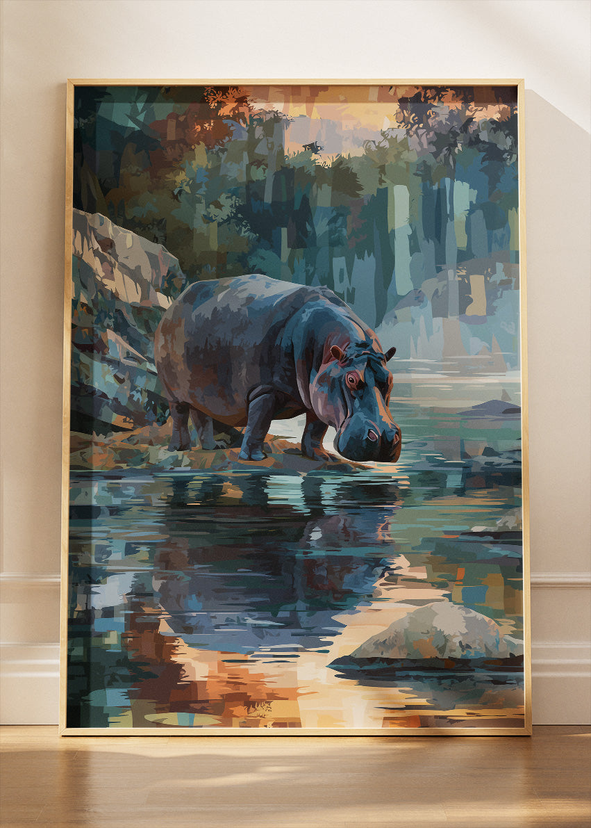 Serene Hippo River Scene Canvas Print & Poster – African Wildlife Wall Art – AI PRINT LAB