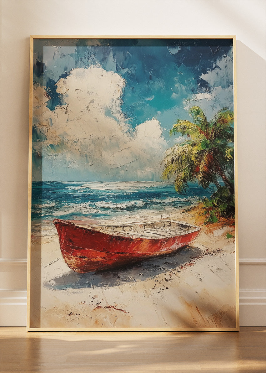 Tropical Red Boat – Coastal Beach Canvas & Poster Print – AI PRINT LAB