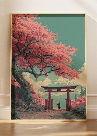Japanese Cherry Blossom Wall Art – Torii Gate & Mount Fuji Canvas Print | Vintage Style Landscape Portrait Poster