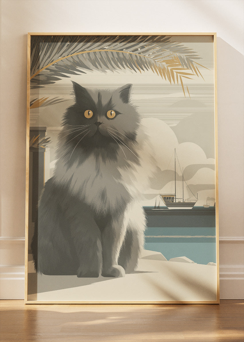 Coastal Grey Cat Canvas Print & Poster – Minimalist Seaside Cat Wall Art – AI PRINT LAB