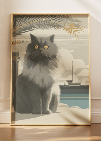 Coastal Grey Cat Canvas Print & Poster – Minimalist Seaside Cat Wall Art – AI PRINT LAB