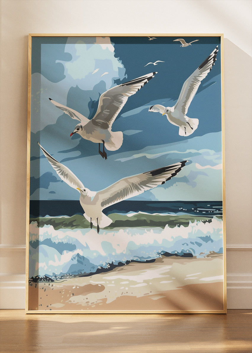 Seagulls Over Ocean Canvas Print & Poster – Coastal Beach Landscape Wall Art – AI PRINT LAB