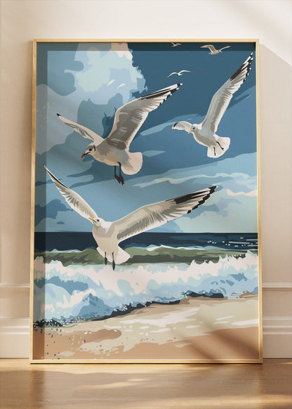 Seagulls Over Ocean Canvas Print & Poster – Coastal Beach Landscape Wall Art – AI PRINT LAB