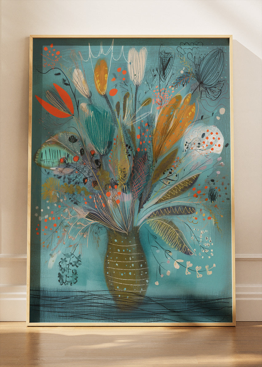 Modern Abstract Floral Vase Wall Art – Teal & Orange Botanical Canvas Print | Contemporary Portrait Poster