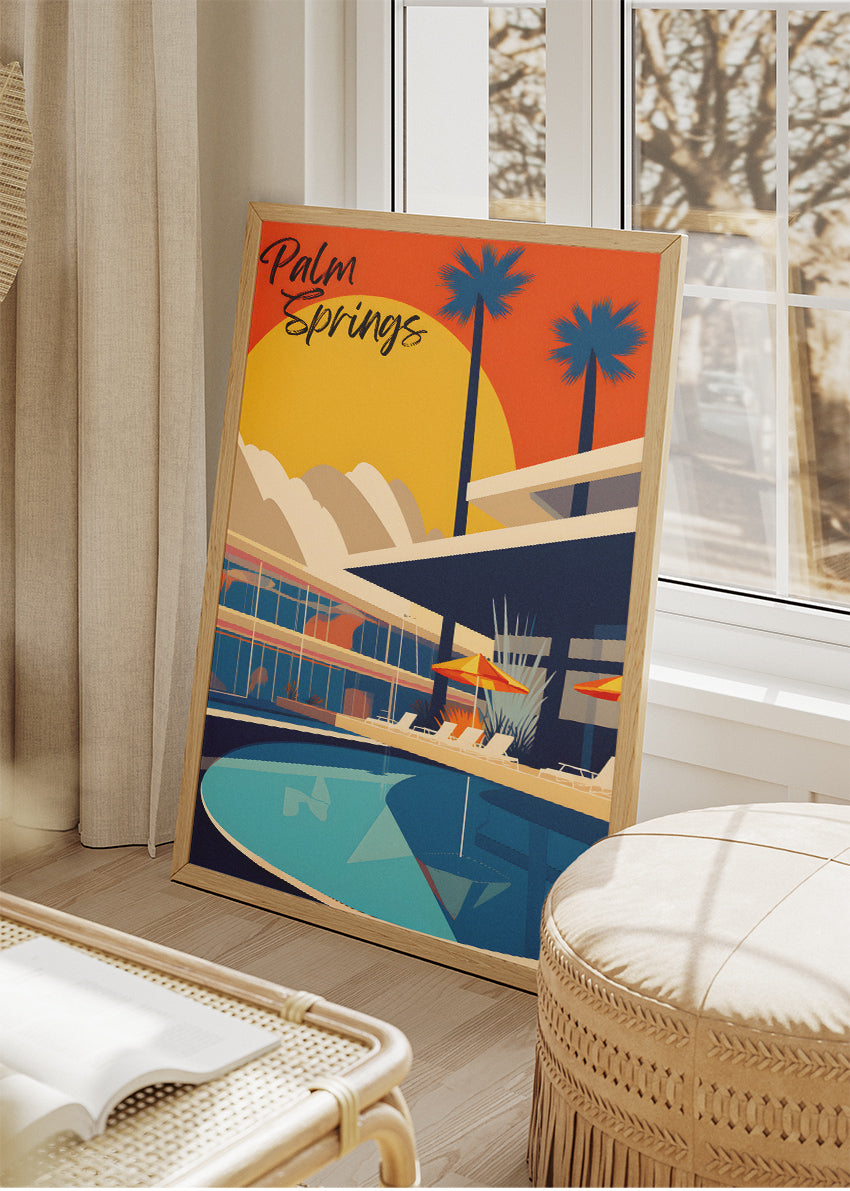 Palm Springs California Poster & Canvas Print – Retro Sunset Poolside Illustration
