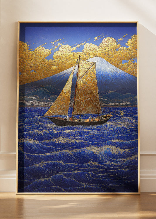 Golden Sails at Fuji – Luxury Ocean Canvas & Poster Print – AI PRINT LAB