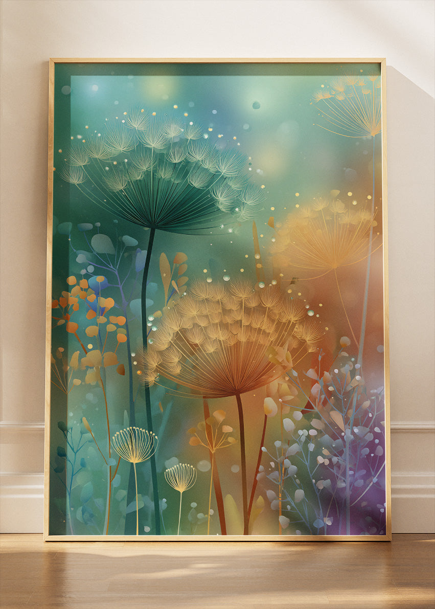 Dreamy Dandelion Wall Art – Soft Teal & Gold Botanical Canvas Print | Magical Floral Portrait Poster