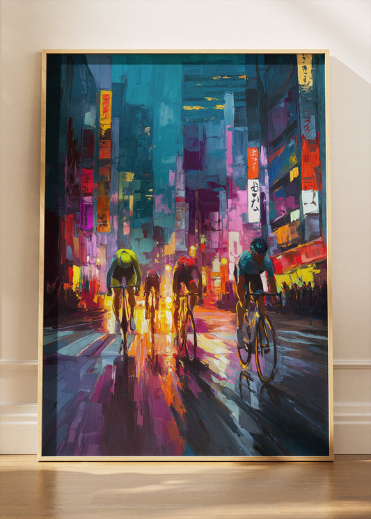 Neon City Sprint Cycling Art Print & Canvas – Electric Night Breakaway
