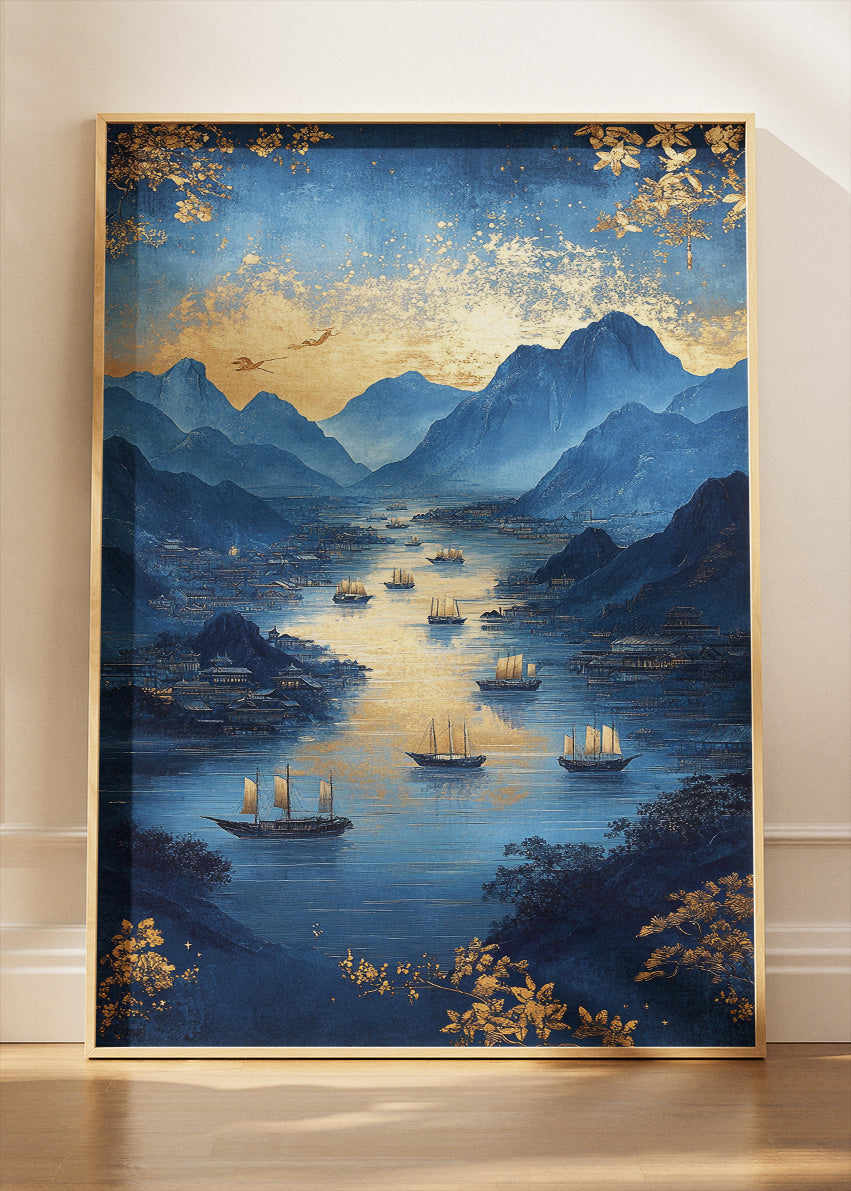 Midnight Blue Harbor – Luxury Gold Mountain Canvas & Poster Print – AI PRINT LAB