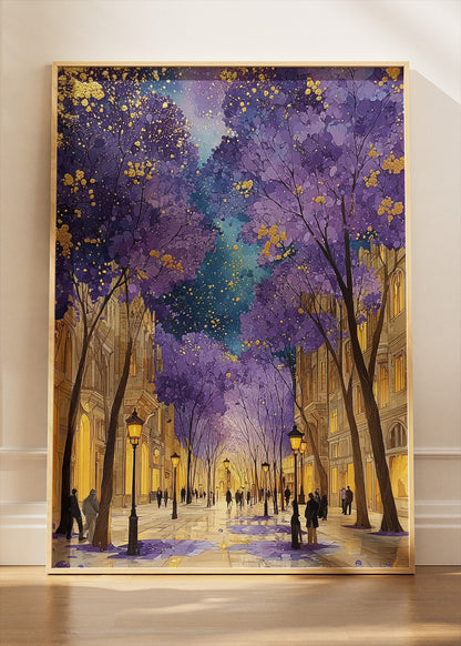 Purple Blossom City Night Wall Art – Golden Street Lights Canvas Print | Romantic Urban Landscape Portrait Poster