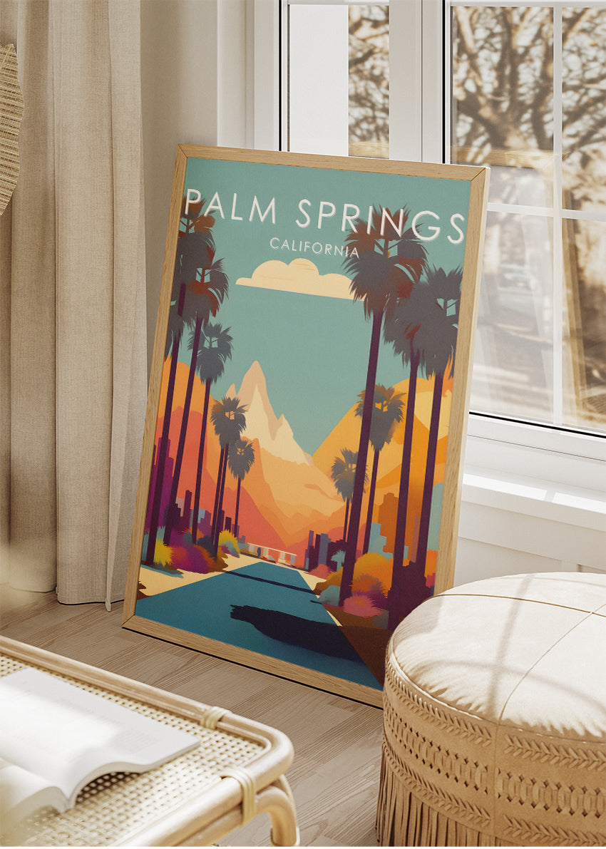 Palm Springs California Poster & Canvas Print – Desert Sunset Drive Illustration Wall Art