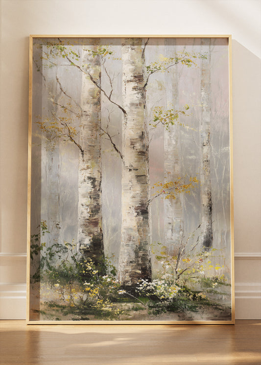 Soft Birch Forest Wall Art – Neutral Woodland Canvas Print | Calm Nature Landscape Portrait Poster