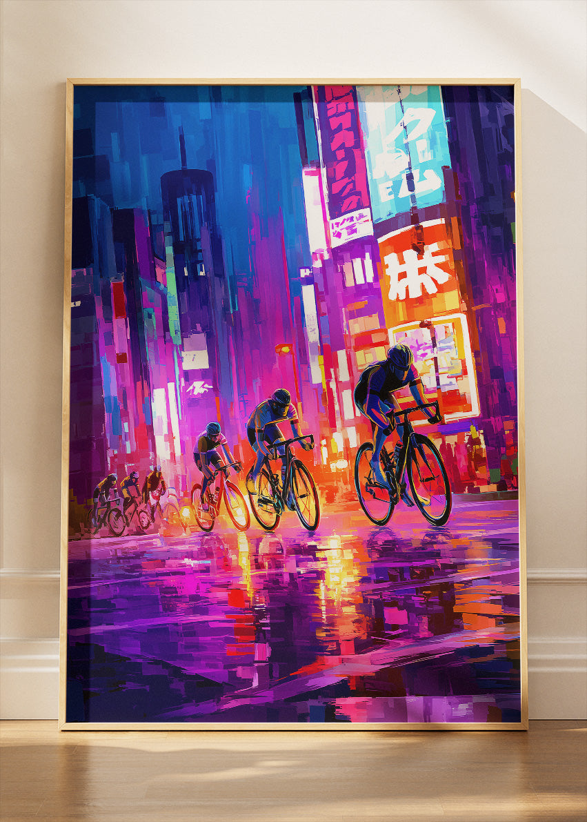 Neon Rain Sprint Cycling Art Print & Canvas – Midnight City Breakaway