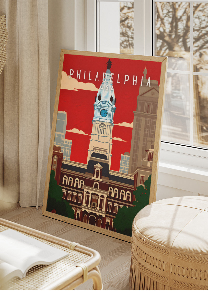Philadelphia USA Poster & Canvas Print – City Hall Landmark Illustration Wall Art