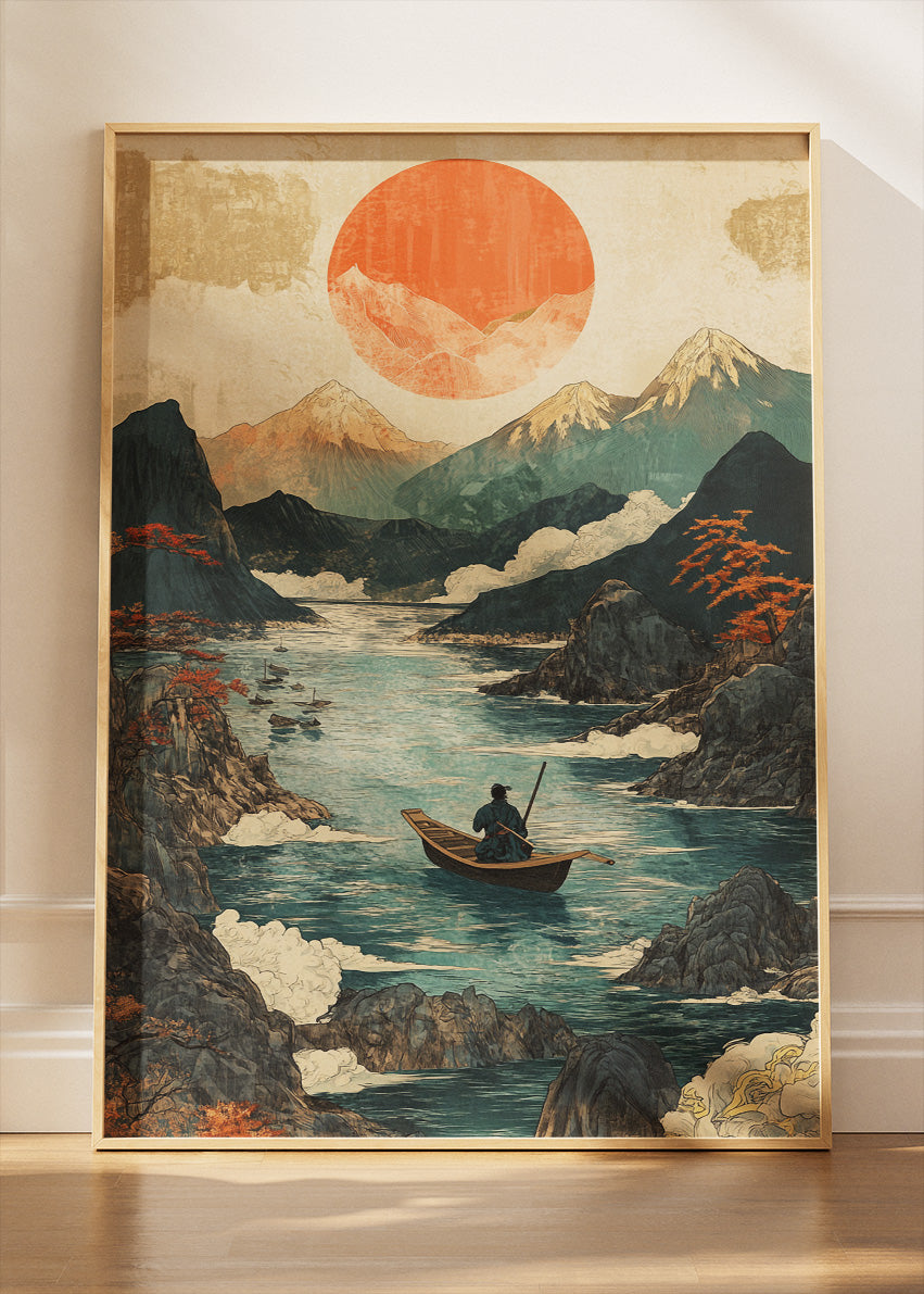 Silent River Journey – Japanese-Inspired Mountain Sunset Canvas & Poster Print – AI PRINT LAB