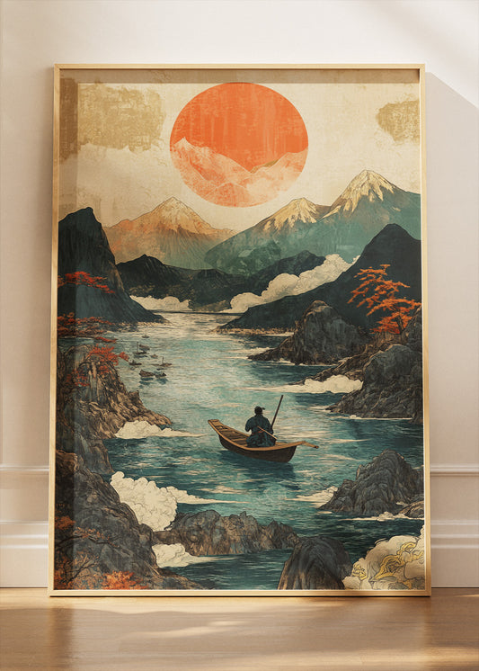 Silent River Journey – Japanese-Inspired Mountain Sunset Canvas & Poster Print – AI PRINT LAB