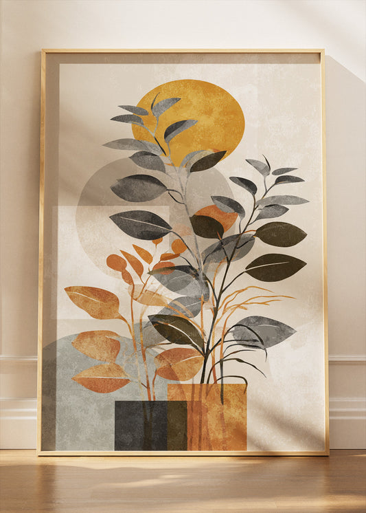 Modern Geometric Botanical Wall Art – Neutral & Mustard Leaf Canvas Print | Minimalist Abstract Portrait Poster