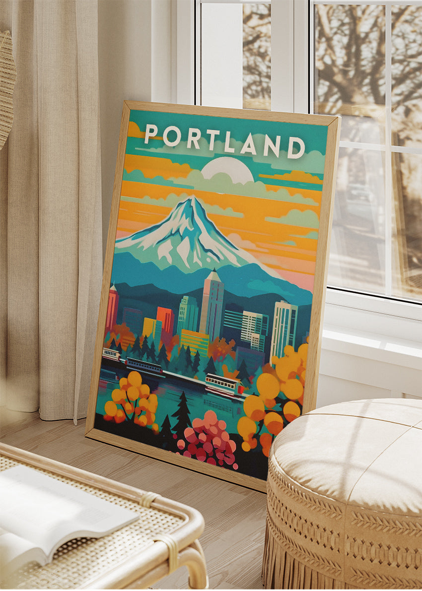 Portland Oregon Poster & Canvas Print – Mount Hood Skyline Illustration Wall Art