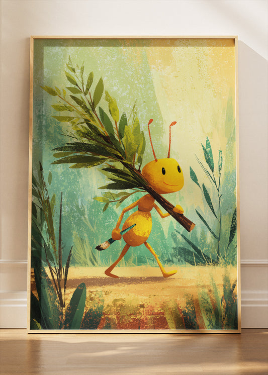 Cute Ant Canvas Print & Poster – Kids Room Wall Art – Motivational Nature Illustration – AI PRINT LAB