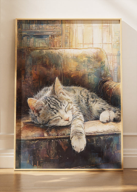 Sleeping Cat Canvas Print & Poster – Cozy Home Animal Wall Art – Warm Vintage Interior Decor – AI PRINT LAB