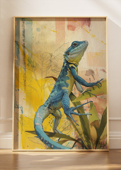 Blue Lizard Poster & Canvas Print – Colorful Botanical Reptile Art