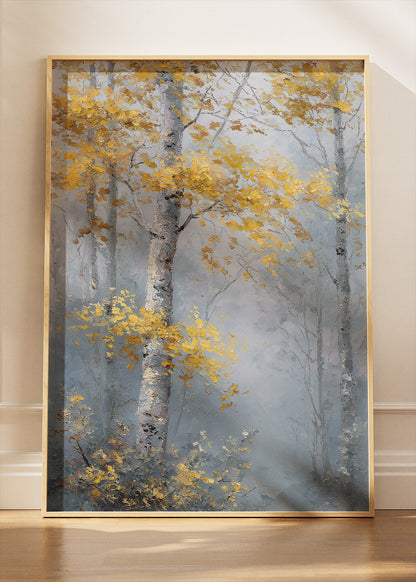 Misty Golden Birch Forest Wall Art – Elegant Autumn Woodland Canvas Print | Serene Nature Portrait Poster