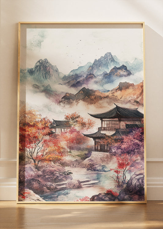 Misty Autumn Temple – Oriental Mountain Landscape Canvas & Poster Print – AI PRINT LAB