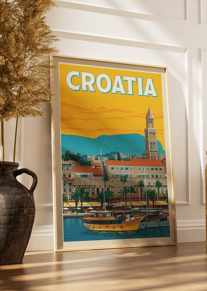 Croatia Travel Poster & Canvas Print – Split Harbour Retro Illustration Wall Art