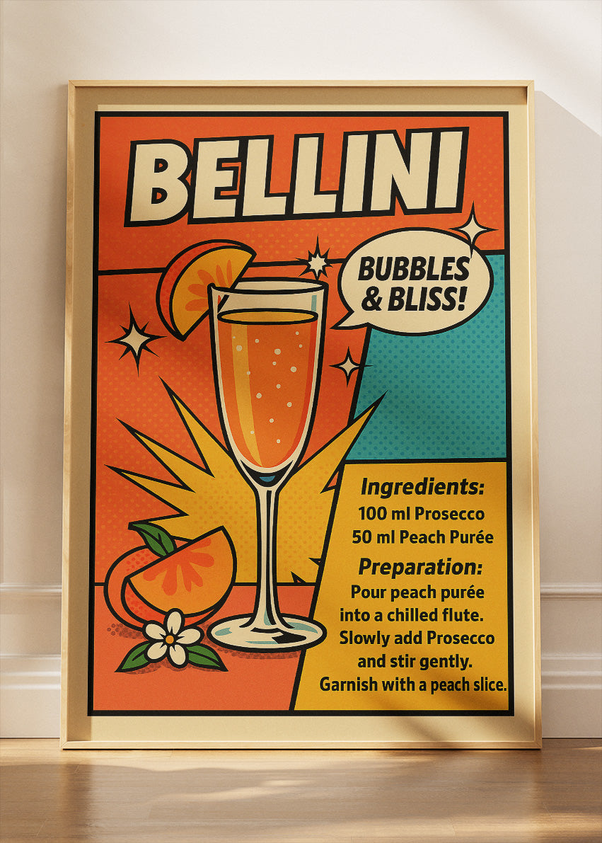 Bellini Pop Art Cocktail Poster & Canvas Print | Retro Bubbles Bar Wall Art