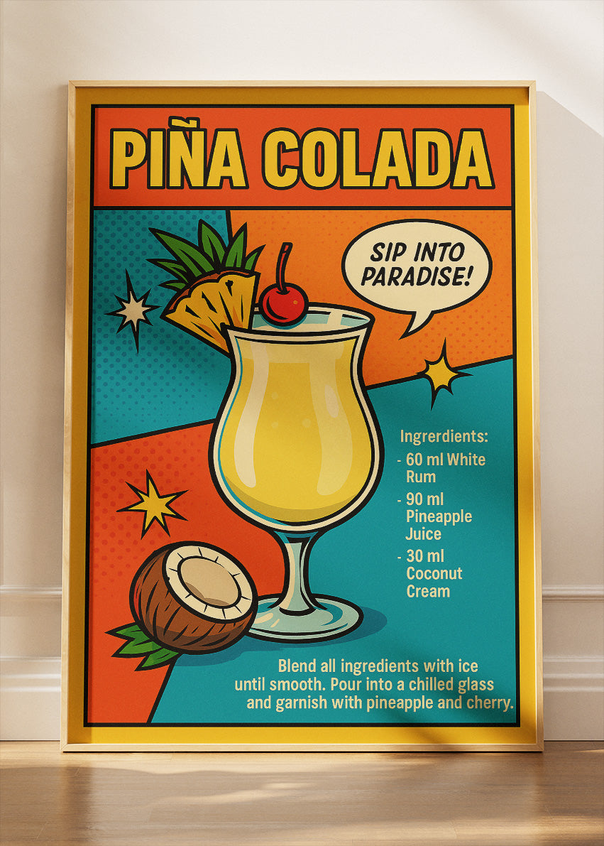 Piña Colada Pop Art Recipe Poster & Canvas Print | Retro Tropical Cocktail Wall Art