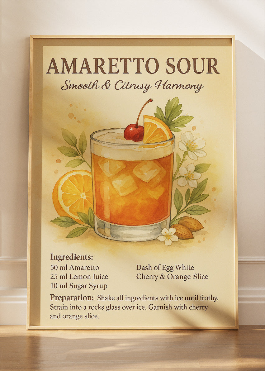 Amaretto Sour Botanical Recipe Poster & Canvas Print | Vintage Cocktail Wall Art
