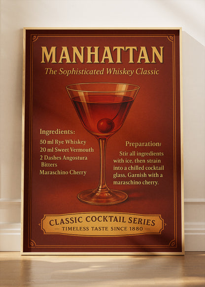 Manhattan Classic Whiskey Cocktail Poster & Canvas Print | Vintage Bar Wall Art