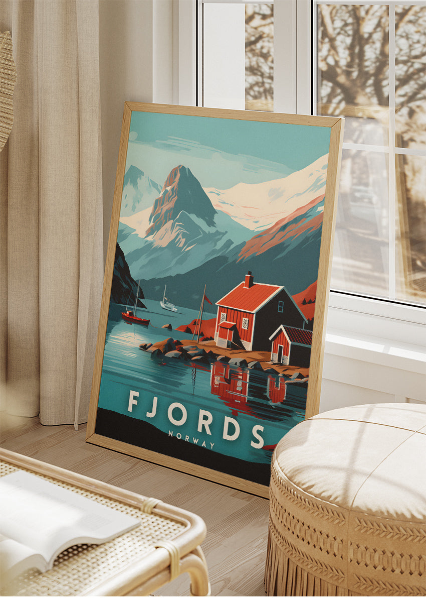Fjords Norway Poster & Canvas Print – Illustrated Nordic Cabin Mountain Art
