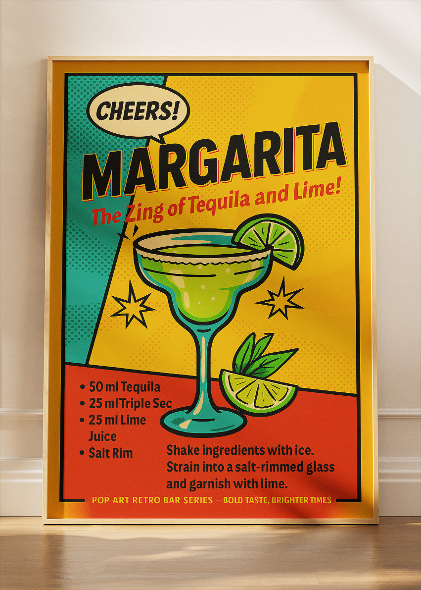 Margarita Pop Art Cocktail Recipe Poster & Canvas Print | Retro Comic Bar Wall Art