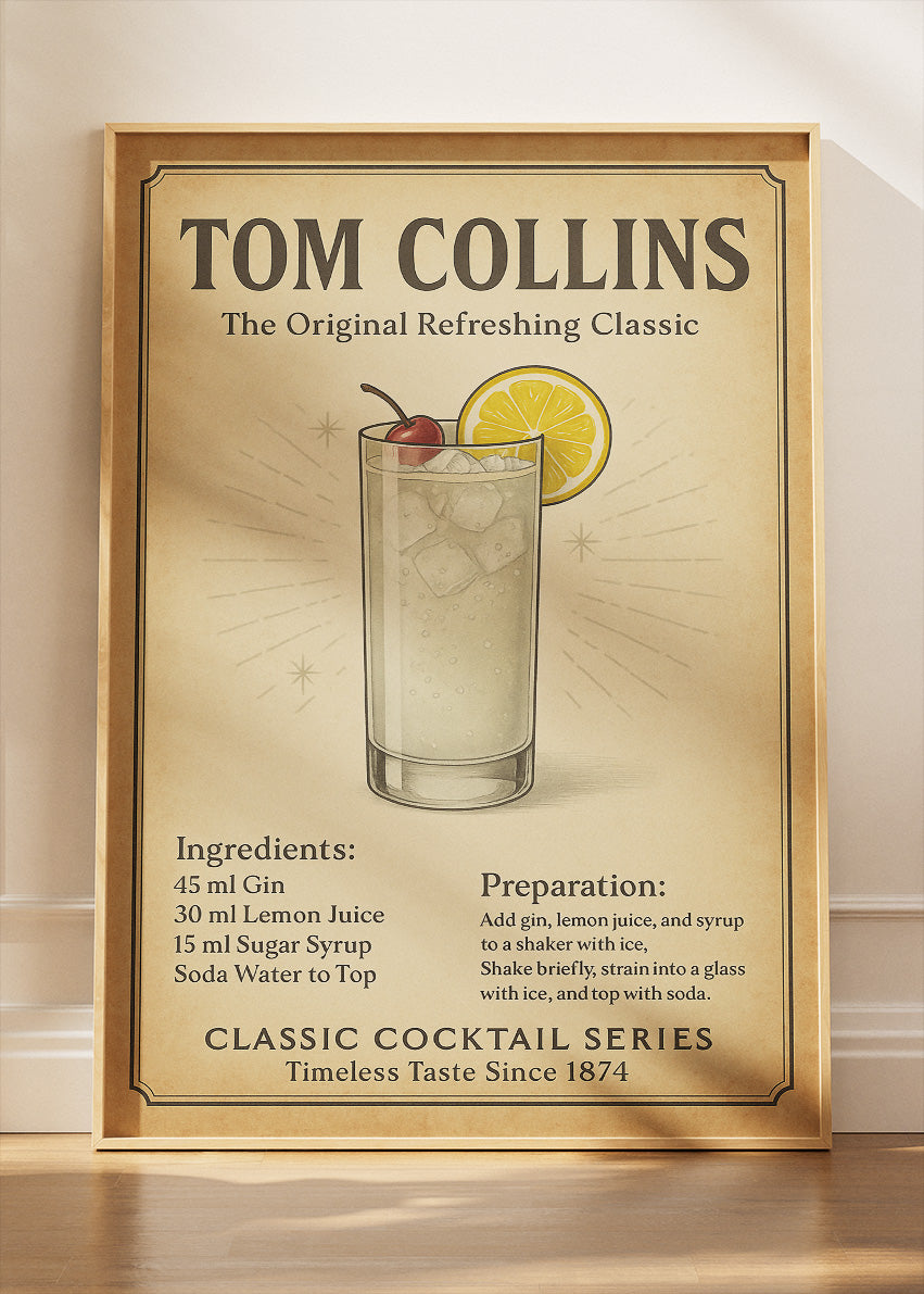Tom Collins Classic Cocktail Poster & Canvas Print – Vintage Gin Drink Wall Art – AI PRINT LAB