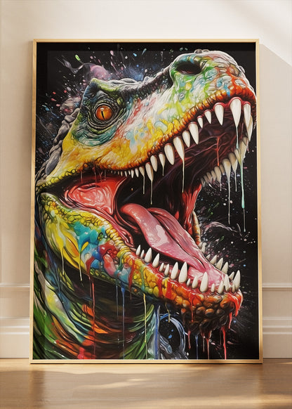 Colorful T-Rex Dinosaur Poster & Canvas Print – Splash Art Jurassic Wall Decor