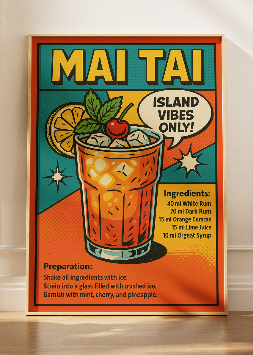 Mai Tai Pop Art Cocktail Recipe Poster & Canvas Print | Retro Comic Bar Wall Art