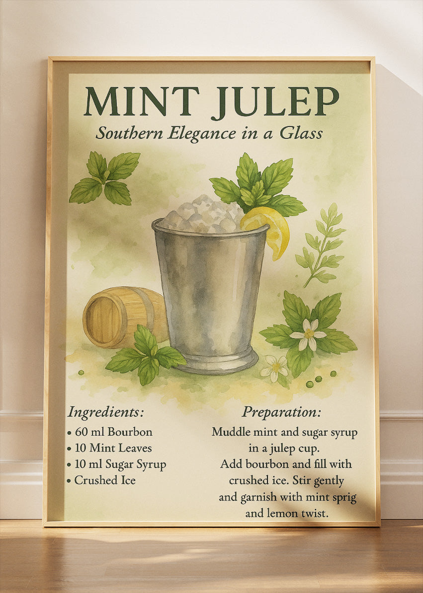 Mint Julep Watercolor Cocktail Recipe Poster & Canvas Print | Elegant Southern Bar Wall Art