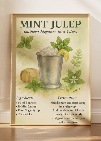 Mint Julep Watercolor Cocktail Recipe Poster & Canvas Print | Elegant Southern Bar Wall Art