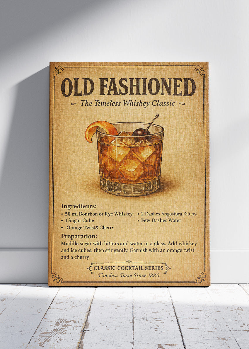 Old Fashioned Vintage Cocktail Poster & Canvas Print | Classic Whiskey Bar Wall Art