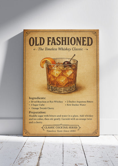 Old Fashioned Vintage Cocktail Poster & Canvas Print | Classic Whiskey Bar Wall Art
