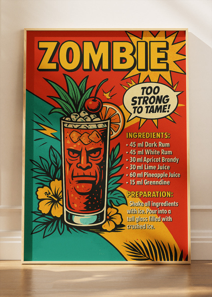 Zombie Retro Tiki Cocktail Poster & Canvas Print | Bold Tropical Bar Wall Art
